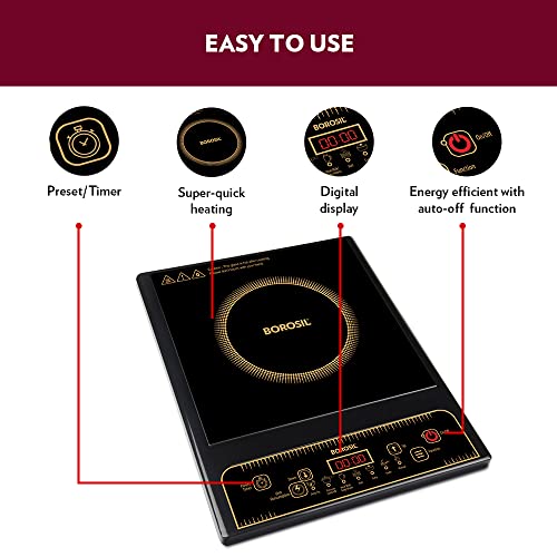Image of Borosil Smartkook Electric Induction Stove, Glass Surface, Energy Saving, Flame-free Cooking,Black, 1400W