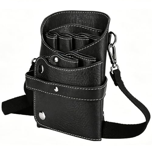 Professional Salon Hair Scissors Pouch, PU Leather Barber Tool Organizer Holster with Adjustable Strap, Multi-Compartment Stylist Shears Holder for Hairdressing Salons & Barbers