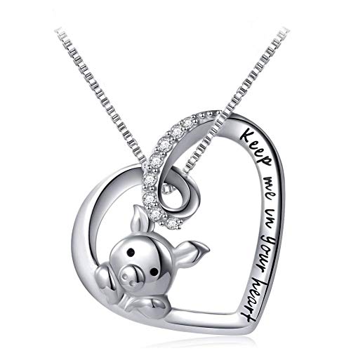 Cute Little Pig Sterling Silver Crystal Love Pendant Necklaces for Her Women Engraved Keep Me in Your Heart Nice Gifts