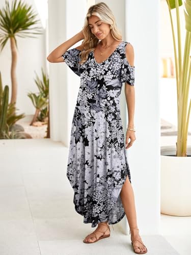 Image of BELAROI Womens Cold Shoulder Maxi Dress Plus Size V Neck Summer Sundresses with Pockets Beach Coverup Vacation Outfits