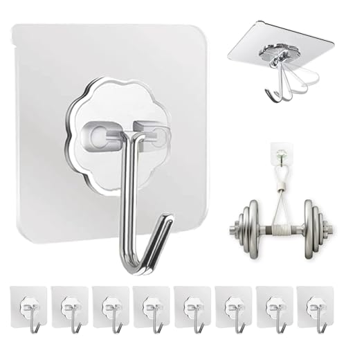 Adhesive Wall Hooks for Hanging Heavy Duty 50 lbs Large Hooks for Walls No Damage, Towel Sticky Clear Hook, Waterproof, Home, Bathroom, Kitchen, Office, and Outdoor 10 Pack