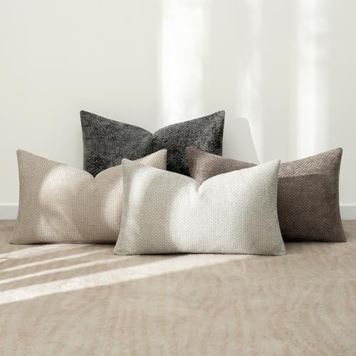 Image of MIULEE Pack of 4 Couch Throw Pillow Covers 12x20 Inch Neutral Soft Decorative Chenille Pillow Covers Farmhouse Boho Accent Cushion Covers for Mid Century Modern Spring Decor Sofa Bedroom Living Room
