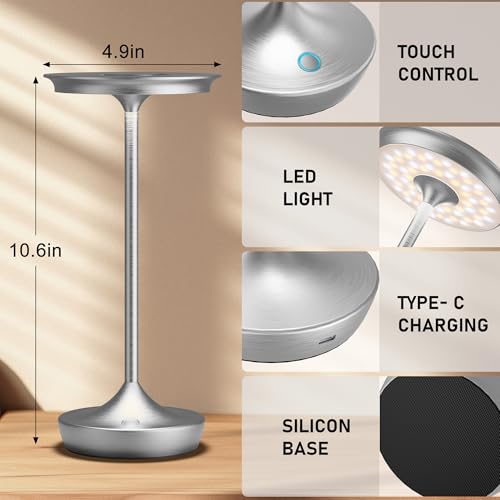 Image of LED Rechargeable Cordless Outdoor 6000mAh Battery Table Lamp 2-Pack Silver | Portable Waterproof 3 Color Stepless Dimmable Lights Memory Function for Patio Restaurant Bar Dining Room