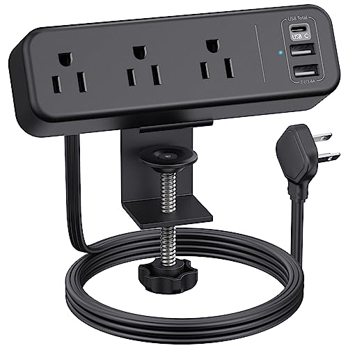 3 Outlet Desk Clamp Power Strip with USB C, Black Flat Plug Desktop Edge Clamp Power Socket Connect 6.5 ft Thin Extension Cord for 1.6 inch Tables