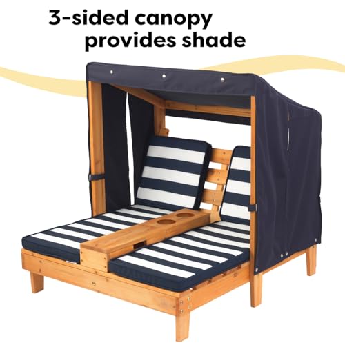 KidKraft Wooden Outdoor Double Chaise Lounge with Cup Holders, Kid's Patio Furniture, Honey with Navy and White Striped Fabric, Gift for Ages 3-8