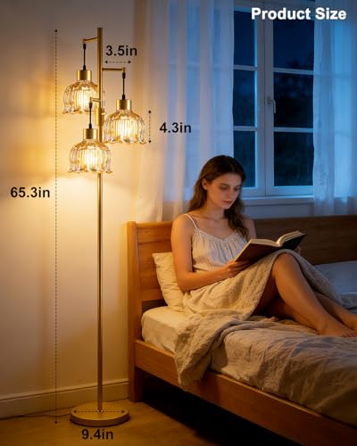 Image of Lightdot 3-Light Lotus Floor Lamp 65'' Dimmable with Brown Glass Shade & E12 Bulbs Included, Mid Century Tall Flower Lamp with 5Lbs Heavy Base for Living Room /Bedroom /Sofa Beside /Corner Decor - Gold