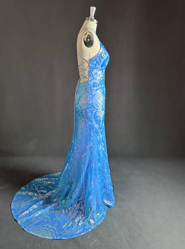 Sparkly Sequin Prom Dress Long Mermaid Spaghetti Straps V Neck Formal Gowns Tight Evening Dresses with Slit for Women3