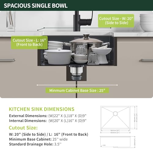 Image of 22-Inch Black Undermount Kitchen Sink, SINKVINE Stainless Steel Single Bowl