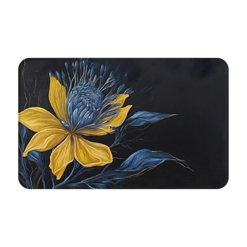 Turquoise Blue Gold Flowers Print Living Room Bathroom Kitchen Anti Slip and Absorbent Carpet, Indoor Entrance Door Muddy Floor Mat, Ultra Soft Washable Carpet 21x31.5 Inches