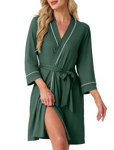 Image of PrinStory Womens Robe Knee Length Soft Knit Bathrobe S-2XL | V-Neck 3 /4 Sleeve Robes with Pockets, Lightweight, Breathable Bath Robe for Shower, Spa, Travel, Home, Party, Nursing