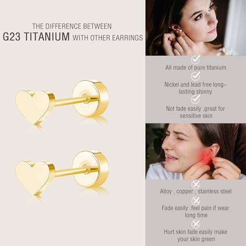 ZDE Women Flat Back Heart Earrings Non-Nickel Star Earrings Titanium Hypoallergenic Cartilage Moon Earrings Stud for Sensitive Ears Simple Classic 5mm Flat Stud Earring4