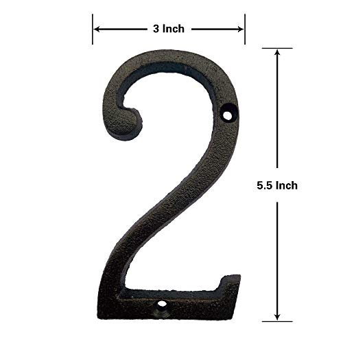 5.5 Inch High Cast Iron House Number, Solid Home Address Numbers, Elegant Black Brown Finished, Easy Install With Matching Screws, Number 2 #TOP1