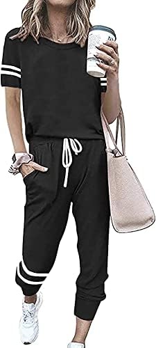 PRETTYGARDEN Women’s Summer Two Piece Outfits Striped Short Sleeve Pullover and Long Pants Tracksuit Pajama Lounge Jogging Set With Pockets (Black, X-Large)