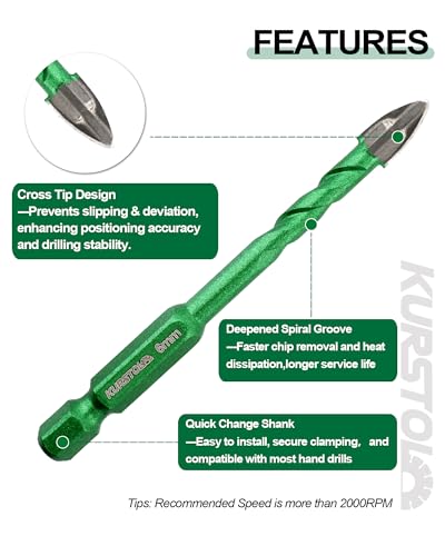 10 PCS Masonry Drill Bits Set - KURSTOL 1/8" 5/32" 3/16"*2 1/4" 2 5/6"*2 3/8" 1/2" Concrete Drill Bit for Wood Plastic Masonry Brick Glass Tile Marble, Cross Tungsten Carbide Tip, Quick-fit Hex Shank