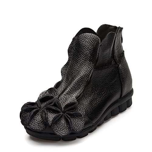 AUNTHUI Women's Leather Fleece Hand-Stitched Wedge Bohemian Flower Ankle Boots,Back Zipper Warm Non-Slip Retro Casual Shoes2
