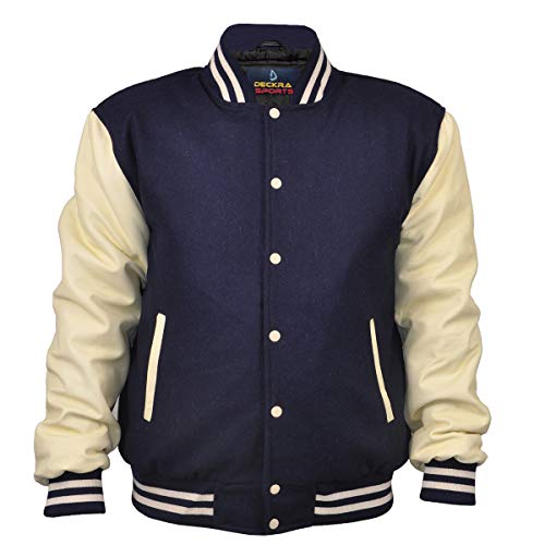 Image of Deckra Men's Varsity Jacket Genuine Leather Sleeve and Wool Blend Letterman Boys College Varsity Jackets XS-5XL