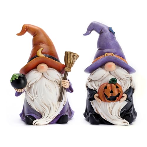 Valery Madelyn Gnomes Halloween Decorations Indoor 2 Pcs Resin Gnome Decor for Home with Witch Hat Broom Jack O Lantern Moon Halloween Figurines Elf Dwarf for Table Tiered Tray Outdoor 3.6