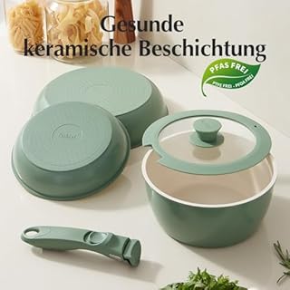 Redchef Set di pentole in ceramica 5 pezzi con manico rimovibile, Antiaderente,per campeggio, senza PFAS e PFOA, salvaspazio, lavabile in lavastoviglie,verde