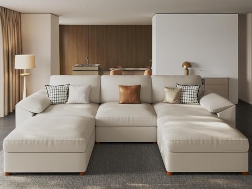 Image of EASE MOOSE Oversized Faux Leather Modular Sofa with Deep Seat,Extra Large Sectional U Shaped Couch for Living Room,Comfy Scratch Resistant Couch,Modern Sofas with Ottoman,Beige