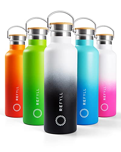 REFYLL Trinkflasche Edelstahl 750ml - “ColorFYLL” I Thermoflasche für die Schule, Kinder, Arbeit I Wasserflasche auslaufsicher + BPA frei I + Schutzhülle & Sportdeckel (Black & White) Cover
