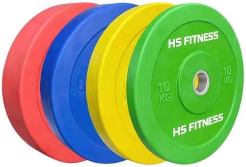 HS FITNESS Color Rubber Bumper Plates 2.0, (150kg Combo) | Olympic Weight Plates with 50mm Hole | Standard IWF Size Gym Plates for Home and Commercial Use (150kg Set(5X2+10X2+15X2+20X2+25X2))