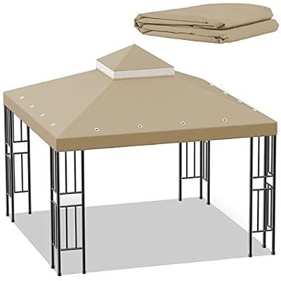 Sumfaller 10x10 FT Gazebo Replacement Canopy Top Cover Double Tiered Canopy Top Cover for Outdoor BBQ Roof Cover Grill Shelter (Brown)