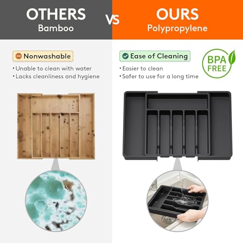 Image of Aroja Utensil Organizer for Kitchen Drawer, Expandable Cooking Silverware Tray, Adjustable Cutlery Flatware Holder, Plastic Spatula Tools Storage Divider (black)