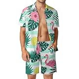Anceky Conjuntos hawaianos de chándal con estampado de flamencos, limones y pinos para hombre. Camisas y pantalones cortos con botones.