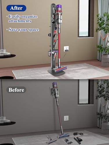 Image of Metal Vacuum Stand for Dyson Gen5 V15 V12 V11 V10 V8 V7 V6 Cordless Vacuum Organizer with 4 Hooks & 4 Shelves, Hidden Cable Design, Space-Saving Attachment Holder for Dyson Cordless Vacuums