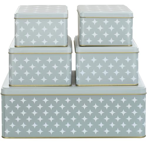 BALOU LIVING 5er Set Keksdose Weihnachten eckig - Weihnachtskeksdosen groß aus Metall - Weihnachtliche Plätzchendose Blechdose, Sterne grau/weiß