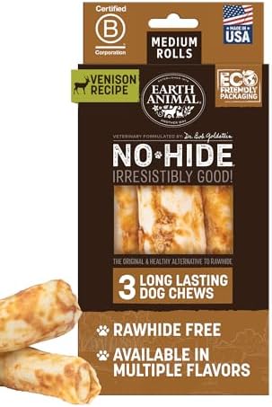 Earth Animal No Hide Chews - Long Lasting Rawhide Free Medium Dog Chews Rolls, Venison - 3 Count Value Pack