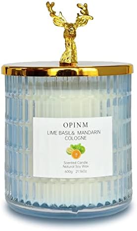 Mens Large Scented Candles Candle Lime Basil & Mandarin Cologne Soy Candle 42hrs Long Lasting Jar Candle Natural Wax Candle with Giant Embossed Classic Glass Bottle 600g 21.16Oz, Blue