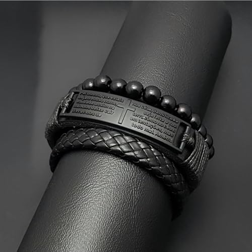 Pulseira Masculina de Couro Pai Nosso Preto Kit C/03
