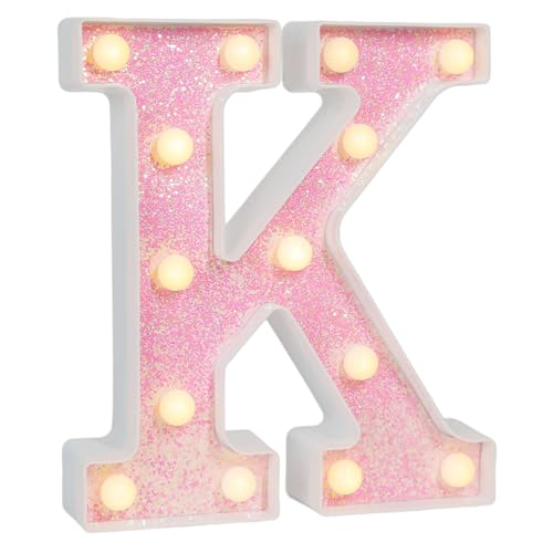 Image of Pink Glitter Marquee Light Up Letters, Battery Operated LED Letter Lights Signs for Pink Birthday Party Table Decorations, Wall Decor for Girls Bedroom, Initial Letter K with Warm White Lights