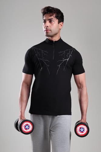 Image of GROW Stylish Gym T Shirts for Men Workout | Cotton and Spandex Quarter Zip Back Printed Collar T Shirts for Men Half Sleeves