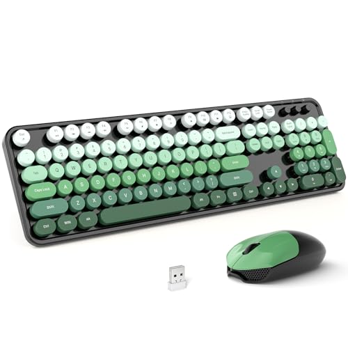MOFII Wireless Keyboard and Mouse Combo, Full Size 2.4G Plug and Play Typewriter Retro Round Computer Keyboard and Mouse Set for Windows, Computer, Desktop, PC, Notebook - (Black Green Gradient)