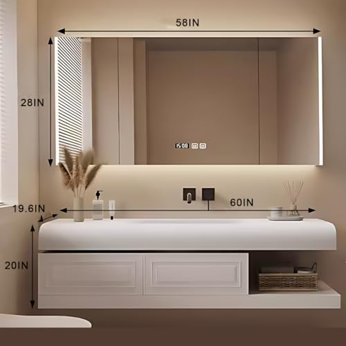 Kadaligh 60IN Modern Bathroom Vanity Set - Bathroom Vanity with Sink with LED Smart Mirror Cabinet | 2 Drawer Storage & Hidden Handles & Integrated Basin, Wall-Mounted Bathroom Vanity
