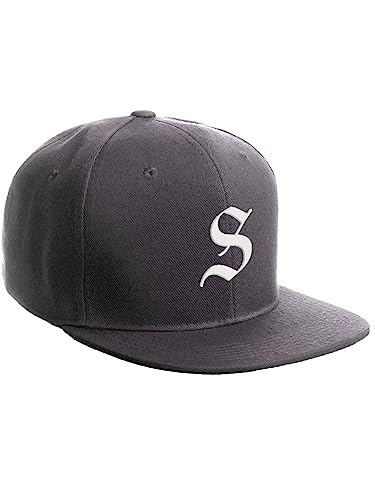 Daxton Classic Snapback Hat Old English Font Alphabet A to Z Flat Bill Visor Cap, Charcoal Hat, White S