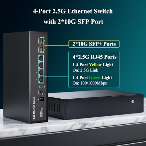 6 Port 2.5GB Ethernet Switch Unmanaged Network Switch | 4 x 2.5 Gigabit | 2 x 10G SFP+ | Multigig Switch 10-100-1000Mbps | 60G Bandwidth | Plug & Play | Fanless Metal Ethernet Switch by STEAMEMO - Image 2