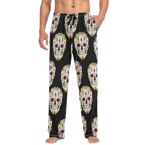 ALAZA Day of The Dead Halloween Sugar Skull Men's Straight-Fit Pajama Pants Sleep Lounge Pants Bottoms with Pockets4
