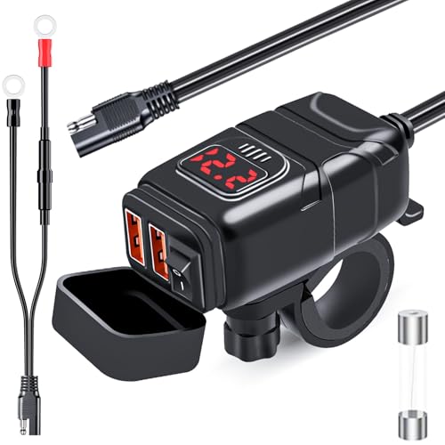Motorcycle Phone Charger,Dual USB 6.8A Quick Charge 3.0 Motorcycle Handlebar Charger with Voltmeter & ON/Off Switch, Waterproof SAE to USB Adapter for Phone, Tablet, GPS (Red)