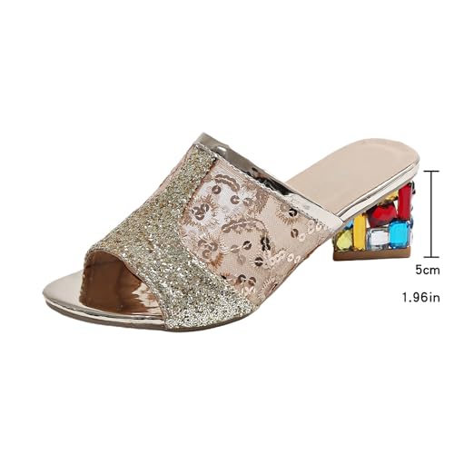 Women's Low Block Heel Slip-on Sandals for Dressy, Round Open Toe Heels Sequins Comfy Summer Shoes for Prom Wedding Heels2