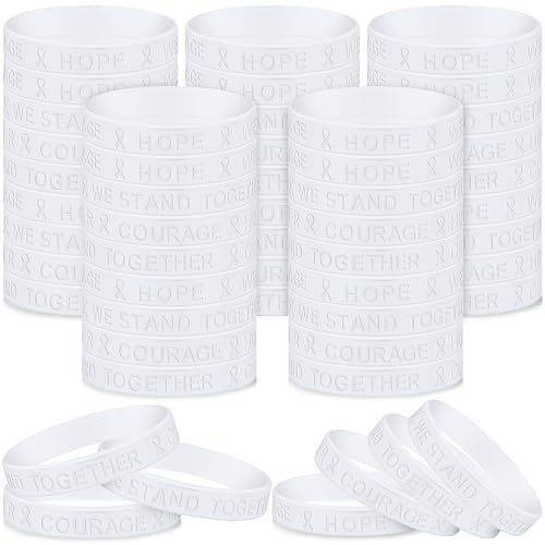 Ecation 50 Pcs White Lung Cancer Awareness Ribbon Bracelets Silicone Rubber Wristband for Bone Cancer Awareness