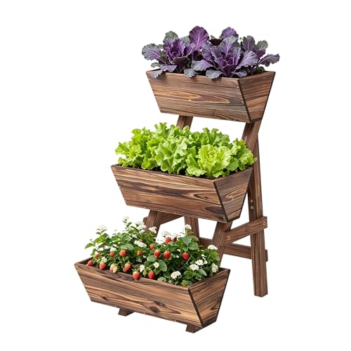 3-Tiers Wooden Raised Garden BedPlanter Box Gardening Outdoor Planter Box Patio Kit Tiered Planter Box Vertical Garden Planter Wood Plant Stand for Patio, Balcony, Freestanding (Carbonized S)