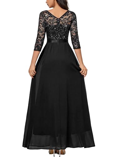 Miusol Women's Classy Scoop Neck Sequined Floral Lace Ruffle Split Wedding Party Maxi Dress2