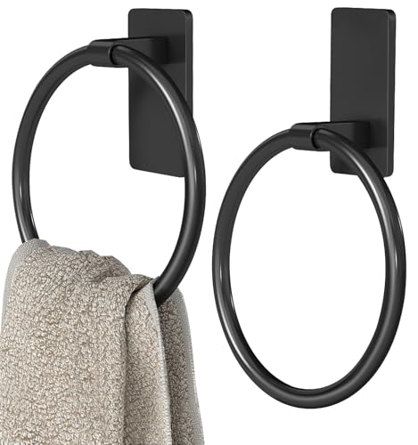 STWWO Black Hand Towel Holder for Bathroom, Adhesive Towel Rings, 2 Pack