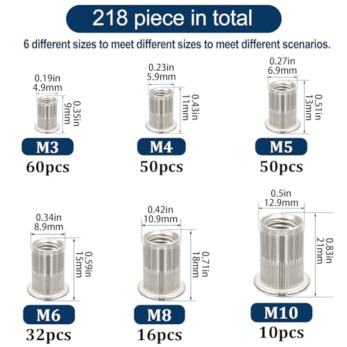 Image of Metric 304 Stainless Steel Rivet Nut Assortment Kit(218 Pcs),M3 M4 M5 M6 M8 M10 Flat Head Rivnut Set,Rivnut Threaded Insert Nut