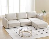 DAYALANE Sectional Sofa Couch with Ottoman, PU Leather Modular Covertible Sectional Couch with Reversible L Shaped 3 Seat with Mobile Footrest, Upholstered Sofa for Living Room, Off White