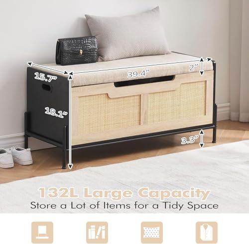 GAOMON 39.4" Storage Benches Rattan Entryway Bench with Cushion, 2 Safety Hinges, Storage Trunk, Shoe Bench Storage Chest for Entryway, Living Room, Bedroom, Oak & Black