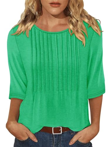 KISSMODA Tunic Tops for Women Loose Fit Dressy Round Neck Pleated 3/4 Length Sleeve Spring Tops